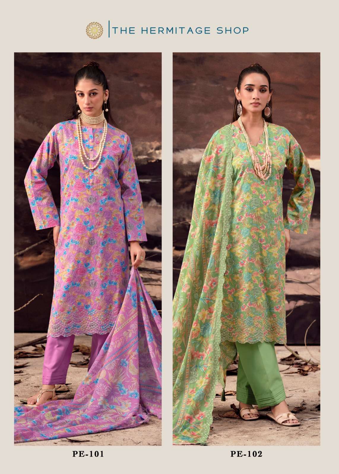 THE HERMITAGE SHOP PETALS IN MAL LAWN COTTON SCHIFFLI WORK SUIT LUXURY WEAR AND FESTIVE FASHION 